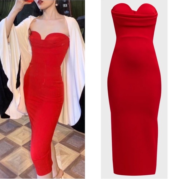 NWT Alex Perry Red Darcy Draped Bustier Sweetheart Midi Dress Size 6 - Picture 4 of 12